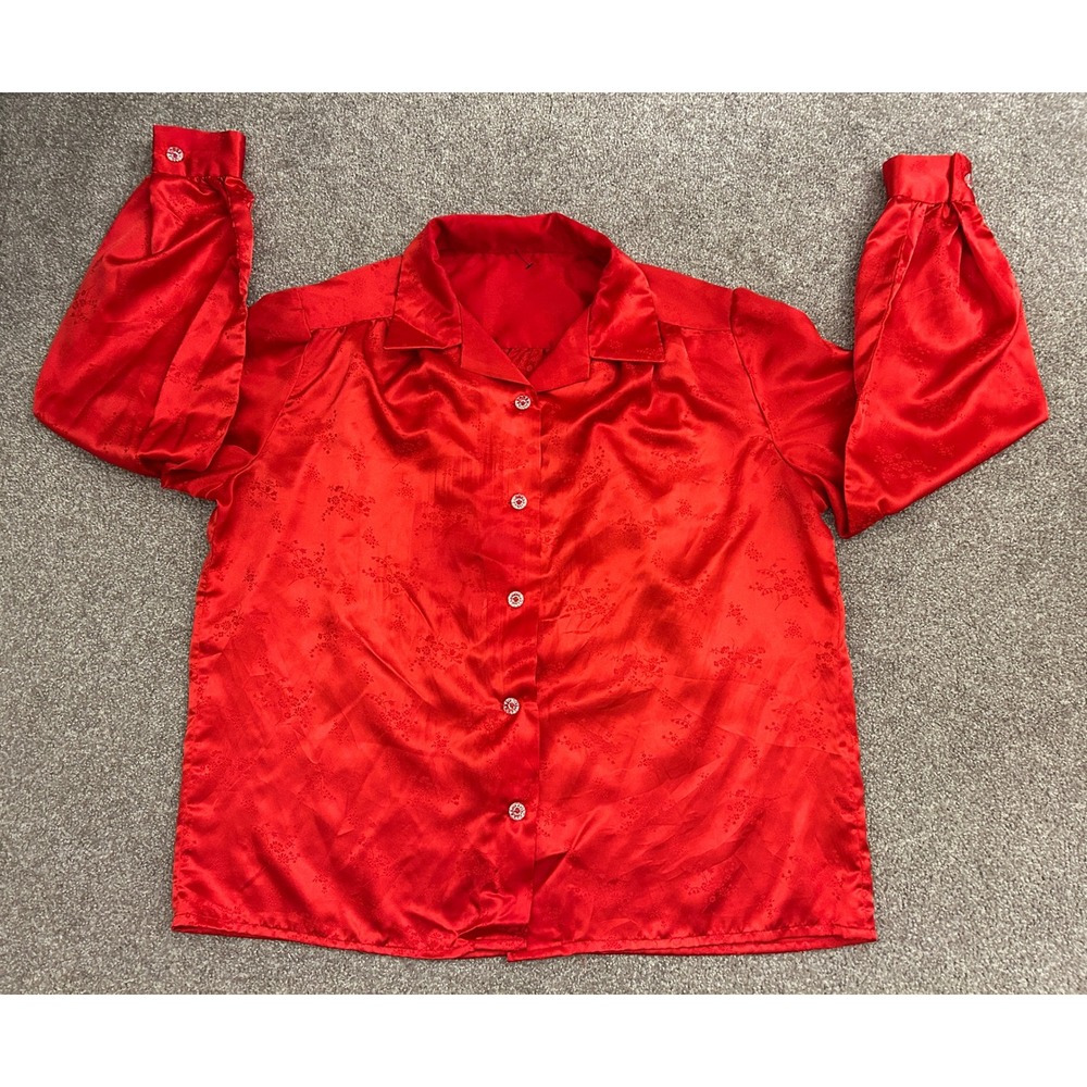 Lingerie Style Satin Blouse Women XL Red Excellent Floral Jacquard Button Up Top